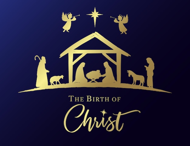 Vetor o nascimento de cristo, presépio de natal - cartão dourado. maria, josé, menino jesus na manjedoura