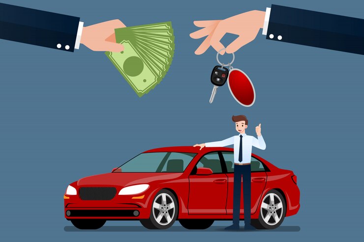 O negociante de carros vende um carro.
