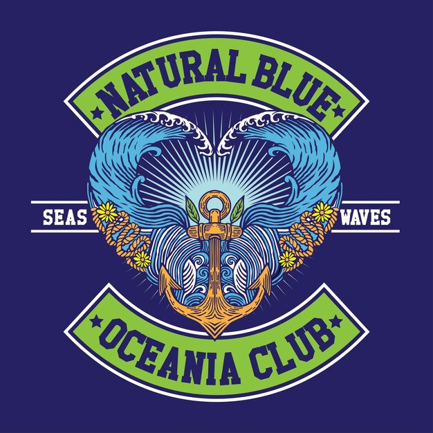 Vetor o oceano desenhado à mão com ilustração vetorial em forma de coração em patch design natural blue oceania