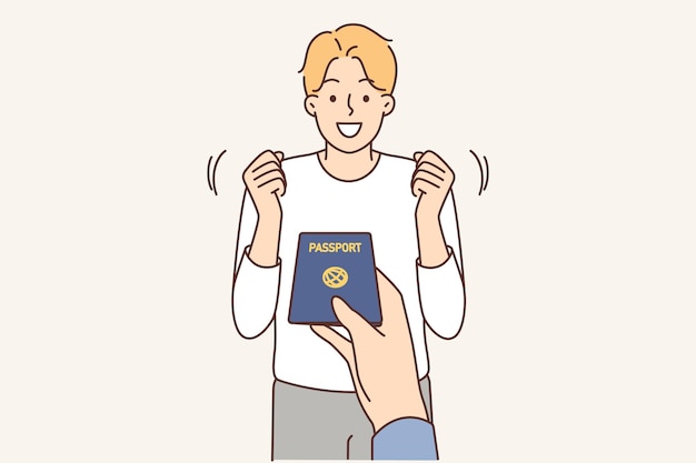 Vetor o oficial dá o passaporte ao homem excitado