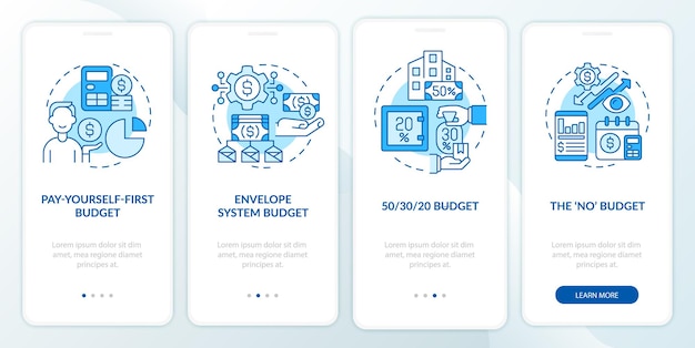 O orçamento se aproxima da tela azul do aplicativo móvel de integração. tipos de plano financeiro passo a passo 4 etapas páginas de instruções gráficas com conceitos lineares. ui, ux, modelo de gui. myriad pro-bold, fontes regulares usadas