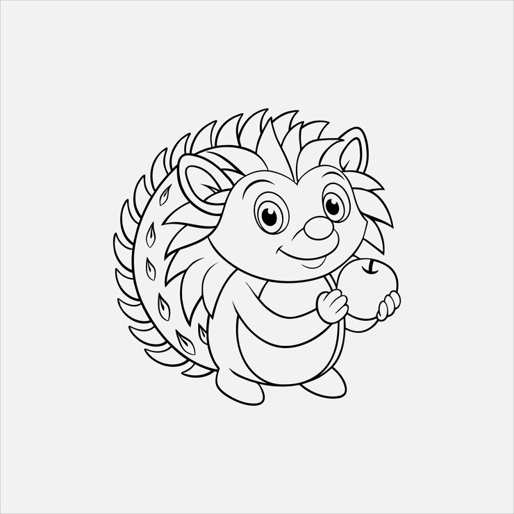 Vetor o ouriço feliz segurando um pequeno desenho animado de maçã vermelha