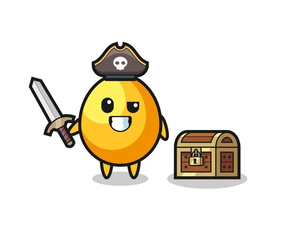 O ovo de ouro pirata segurando uma espada ao lado de uma caixa de tesouro