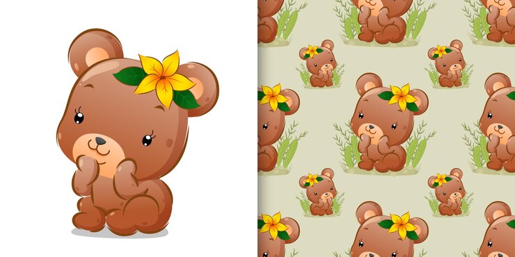Vetor o padrão do urso sentado na grama com uma flor na cabeça como ilustração