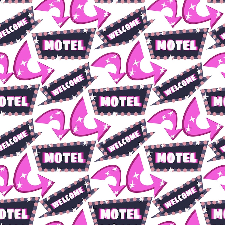 Vetor o padrão é um sinal de motel com uma flecha em cores cor-de-rosa um sinal brilhante em um fundo branco com brilho