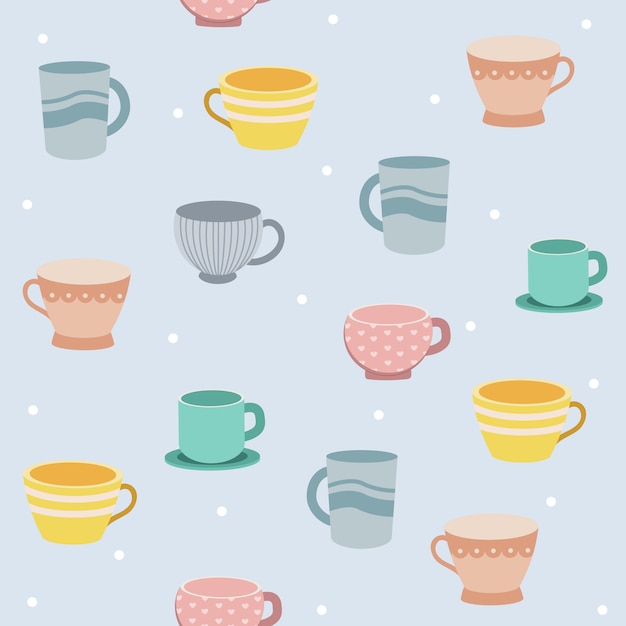O padrão sem emenda de xícara de chá em fundo azul e branco polkadot.