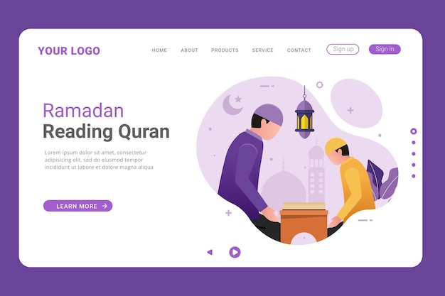 Vetor o pai ensina seu filho a ler e entender o alcorão no mês de ramadã na página de destino