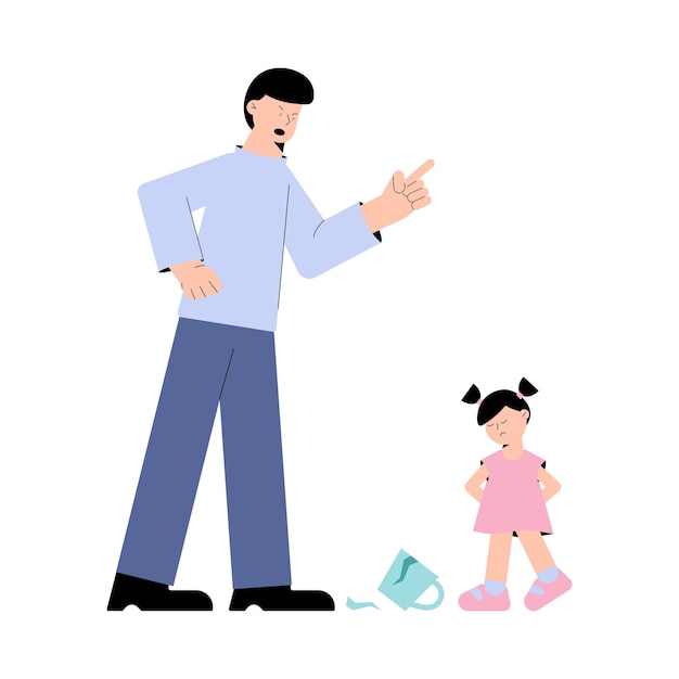 O pai frustrado grita com a filhinha sobre um copo quebrado isolado no fundo branco problemas de conceito parental estressado pais e filho ilustração em vetor design plano