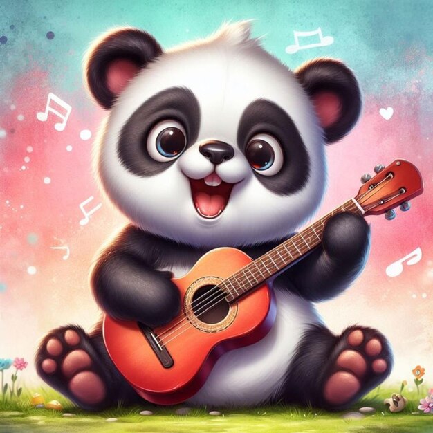 O panda engraçado toca guitarra.