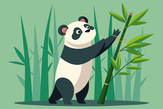 O panda estende a mão para arrancar folhas de bambu frescas de um caule alto. a sua expressão determinada é encantadora.