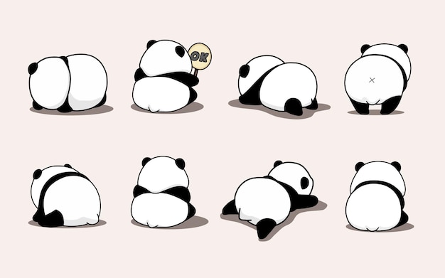 O panda gordo fofo de costas para uma pose e gestos diferentes