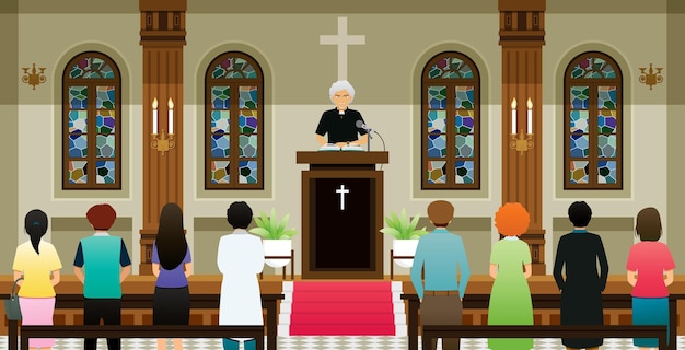 Vetor o pastor estava pregando na igreja ouvindo o público