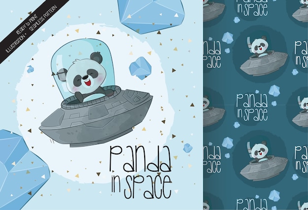 O pequeno astronauta panda na nave espacial com padrão uniforme