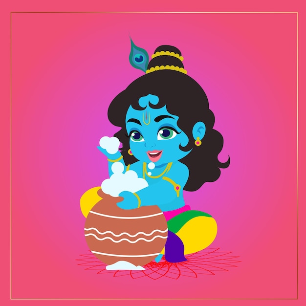 O pequeno Krishna comendo buuter em uma casa