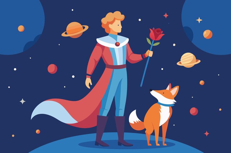 Vetor o pequeno príncipe com uma rosa e uma linda raposa sentado nas proximidades num fantástico planeta interestelar