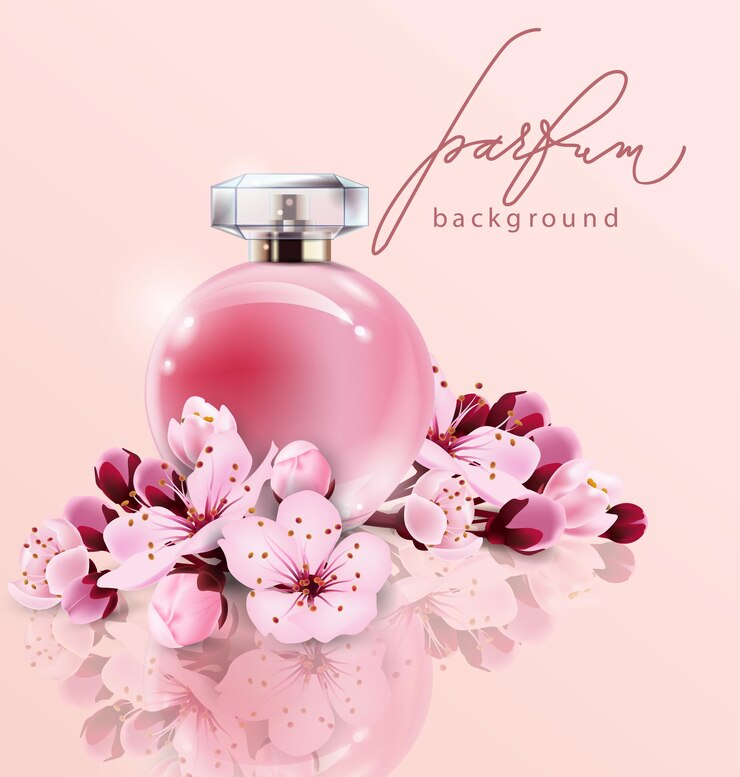 Vetor o perfume sakura anuncia um perfume de estilo realista em um frasco de vidro em um fundo rosa com flores de sakura