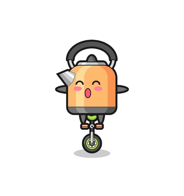O personagem chaleira fofa está andando de bicicleta de circo, design de estilo fofo para camiseta, adesivo, elemento de logotipo