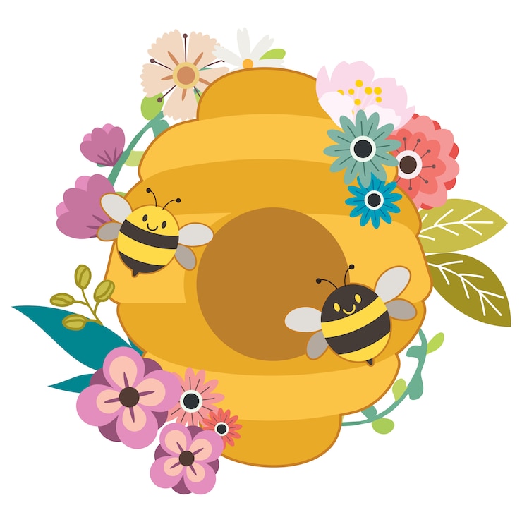 Vetor o personagem de abelha preta bonita e abelha amarela com colméia e flor