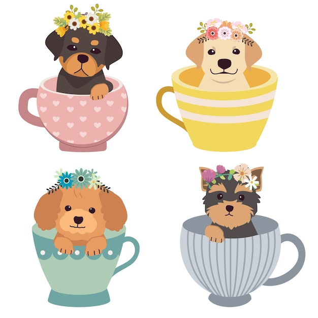 Vetor o personagem de cachorro fofo usa uma coroa de flores no copo e estilo vetorial plano ilustração sobre cachorro