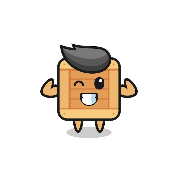 O personagem de caixa de madeira musculoso está posando mostrando seus músculos, design de estilo fofo para camiseta, adesivo, elemento de logotipo