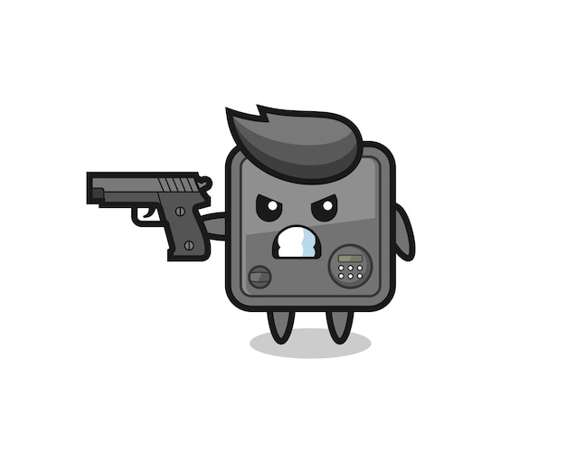 O personagem de caixa de segurança fofa atira com uma arma, design de estilo fofo para camiseta, adesivo, elemento de logotipo