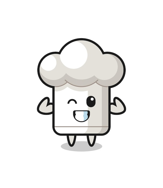 O personagem de chapéu de chef musculoso está posando mostrando seus músculos, design de estilo fofo para camiseta, adesivo, elemento de logotipo