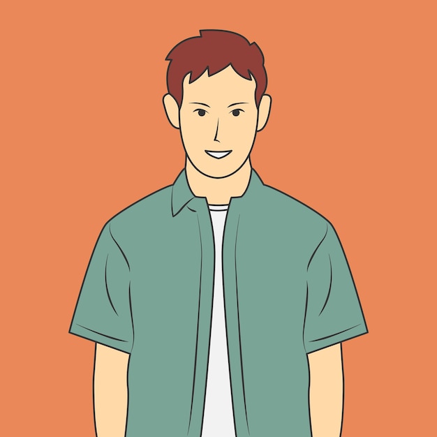 O personagem de desenho animado do jovem está sorrindo e vestindo roupas casuais