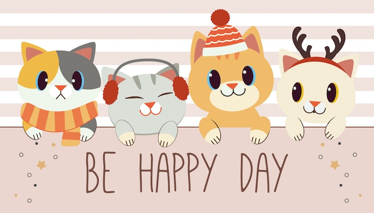 Vetor o personagem de gato bonito e amigos lacunas um rótulo e texto de ser dia feliz no branco e rosa.