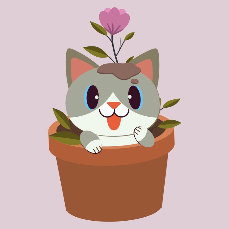 Vetor o personagem de gato bonito sentado no vaso com flores sobre o fundo roxo. o gato fofo brincando com a flor no vaso. o personagem de gato bonito em estilo simples.