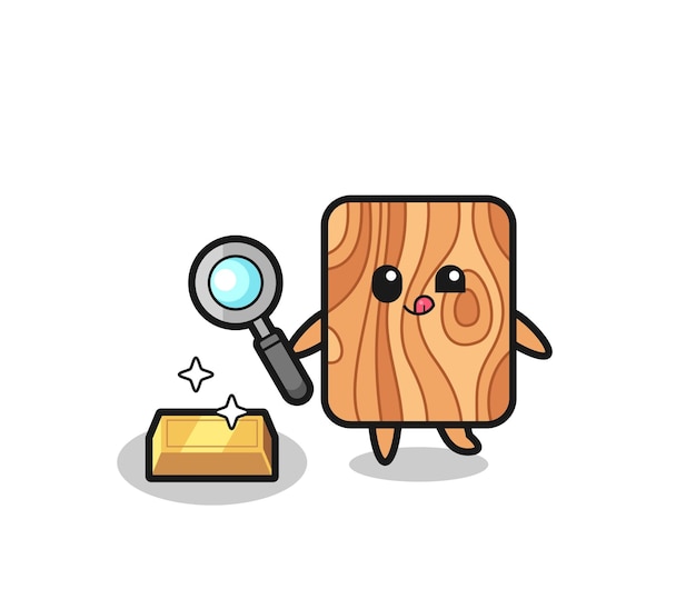 Vetor o personagem de madeira de prancha está verificando a autenticidade do lingote de ouro