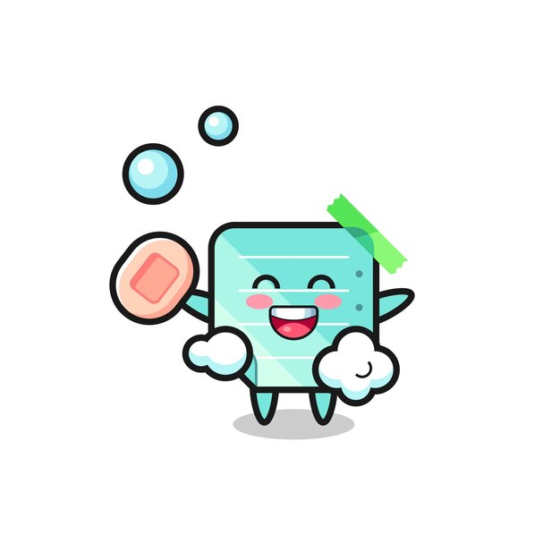 O personagem de notas adesivas azuis está tomando banho enquanto segura o sabonete, design de estilo fofo para camiseta, adesivo, elemento de logotipo