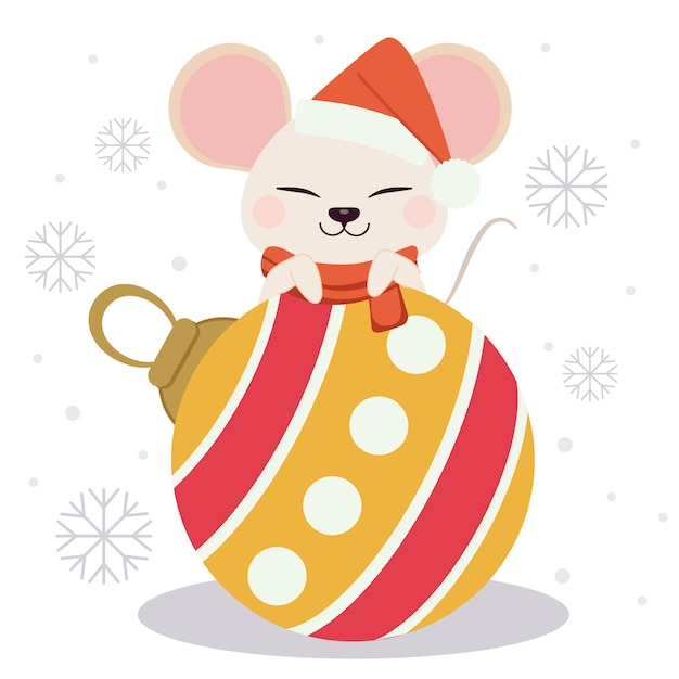 O personagem de rato bonitinho com uma bola de natal e floco de neve. o rato bonito usa um chapéu vermelho de inverno e uma bola de natal. o personagem do rato bonitinho no estilo de vetor plana.