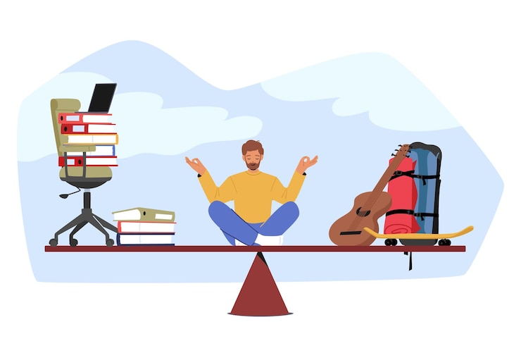 Vetor o personagem do homem medita sobre a escala de equilíbrio entre o hobby e a carreira, contemplando a troca entre paixão ou profissão