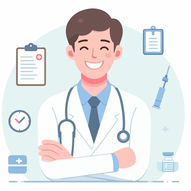O personagem do médico é alegre com um estilo de design plano