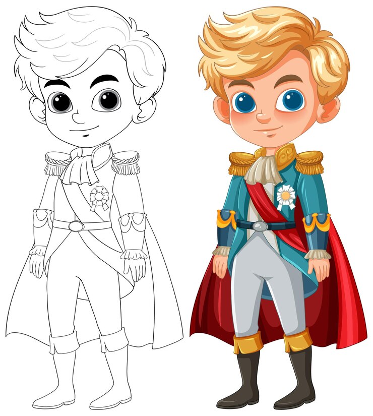 Vetor o personagem do príncipe em cores e contornos