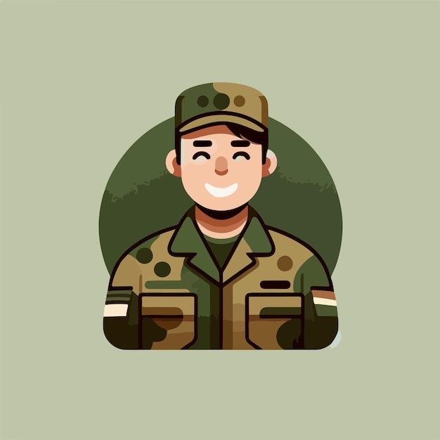 O personagem do soldado tem um efeito sorridente projetado usando um estilo de design plano