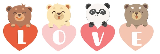 O personagem do urso fofo adquire um coração de amor em estilo vetorial plana