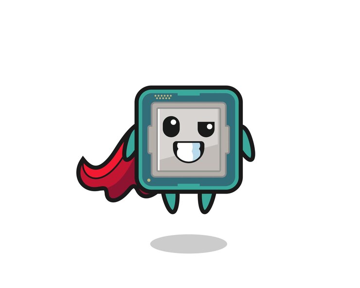 Vetor o personagem processador fofo como um super-herói voador, design de estilo fofo para camiseta, adesivo, elemento de logotipo