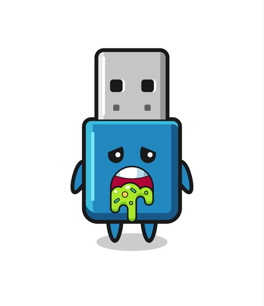 O personagem usb do flash drive fofo com vômito, design de estilo fofo para camiseta, adesivo, elemento de logotipo