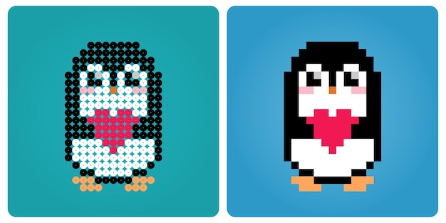 O pinguim de pixel de 8 bits está segurando o amor. animais para ativos de jogo e padrão de miçangas em ilustração vetorial