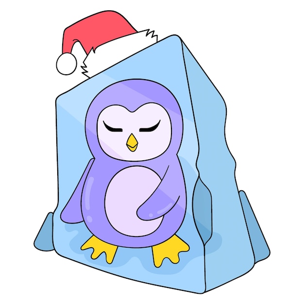Vetor o pinguim está preso congelado em um bloco de imagem de ícone de doodle de gelo kawaii