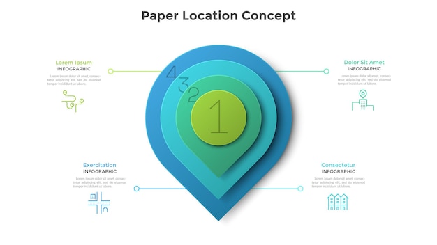 O pino do mapa ou marca de localização consistia em quatro elementos redondos de papel colorido colocados uns sobre os outros. conceito de 4 etapas de rota de negócios. modelo de design moderno infográfico. ilustração vetorial realista.