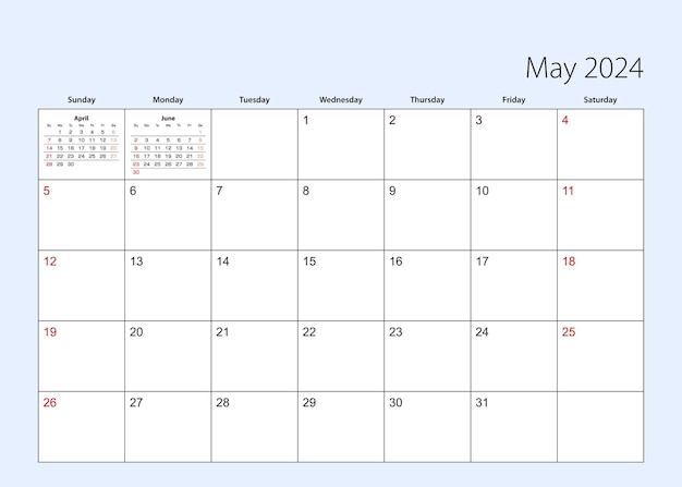 Vetor o planejador de calendário de parede para a semana do idioma inglês de maio de 2024 começa no domingo