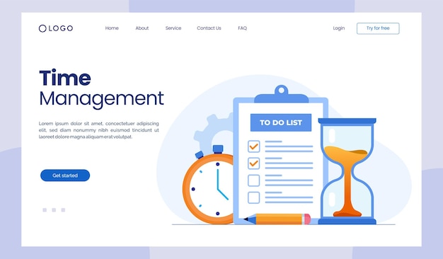 O planejador de conceito de prazo de gerenciamento de tempo de negócios inicia o modelo de página de destino de ilustração vetorial plana