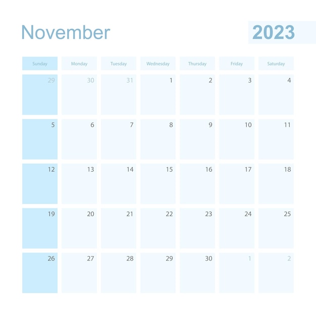 O planejador de parede de novembro de 2023 na semana da cor azul começa no domingo