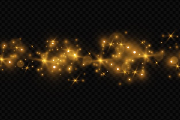 O pó dourado do Natal, as faíscas amarelas e as estrelas douradas brilham com uma luz especial. O vetor brilha com partículas de poeira mágica cintilantes.
