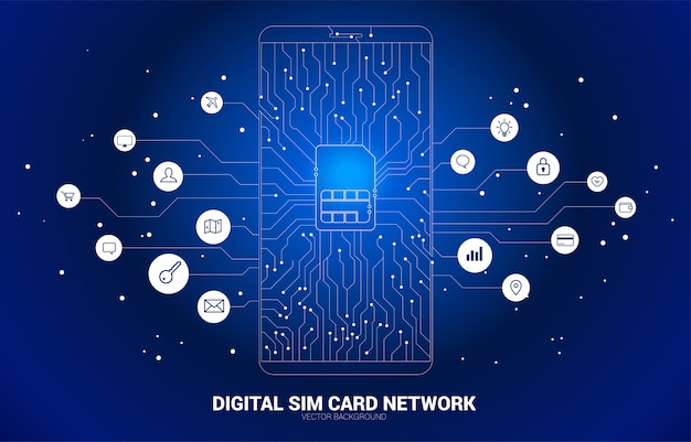 O ponto do polígono do vetor conecta a linha forma o ícone do cartão sim no estilo da placa de circuito do telefone móvel com o ícone funcional. Conceito de tecnologia e rede de cartão SIM móvel.