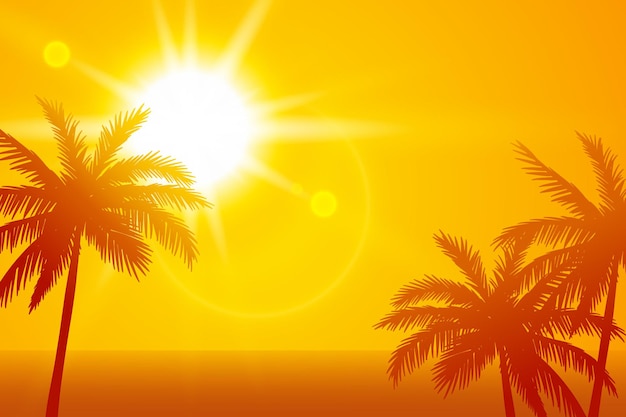 O pôr-do-sol sobre uma praia tropical com palmeiras