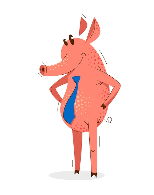 O porco engraçado dos desenhos animados está vestindo gravata como um empresário, ilustração humorística de suínos de homem de negócios confiante, desenho de personagem animal.