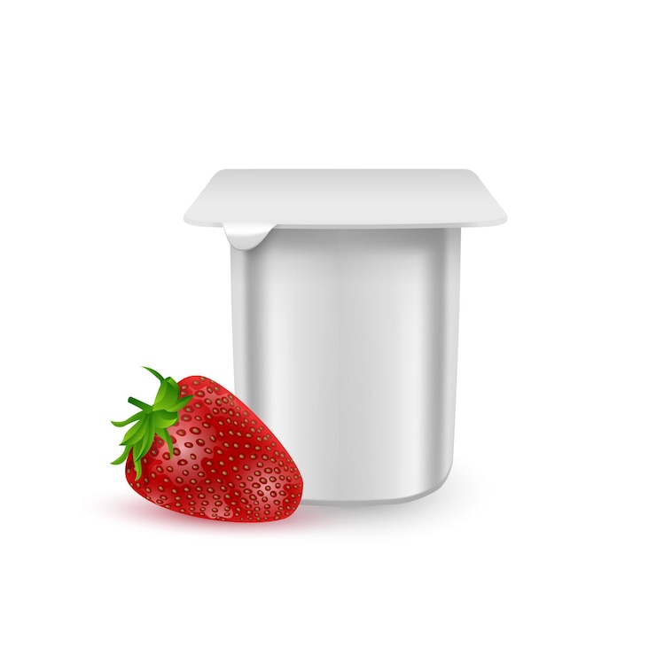 Vetor o pote de plástico branco fosco para sobremesa de creme de iogurte ou modelo de embalagem de geléia creme de iogurte com morangos frescos isolados